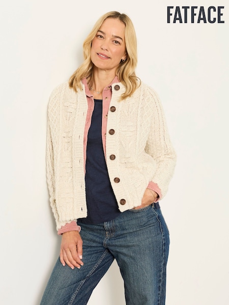 Natural - Fatface Floral Knitted Cable Button Front Cardigan