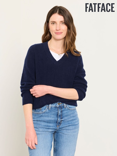 أزرق داكن - Fatface Knitted V Neck Jumpers