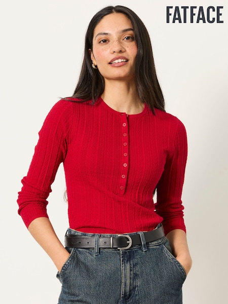 Red - Fatface Knitted Henley Jumper
