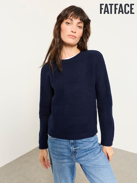 أزرق داكن - Fatface Knitted Check Crew Neck Jumper