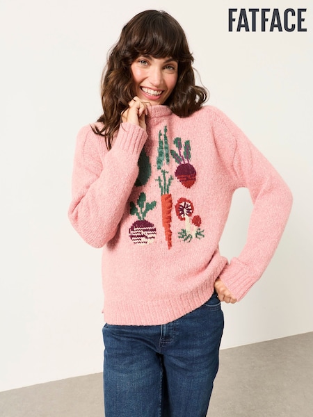 Pink - Fatface Vegetable Knitted Crew Neck Jumper