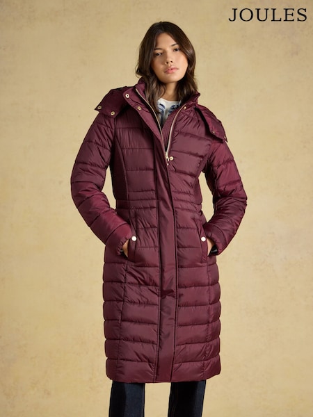 Burgundy Red - Joules Windborough Showerproof Longline Padded Coat With Hood