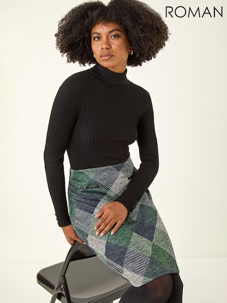 Roman Green Check Print Pocket Stretch Skirt (W16601) | €57