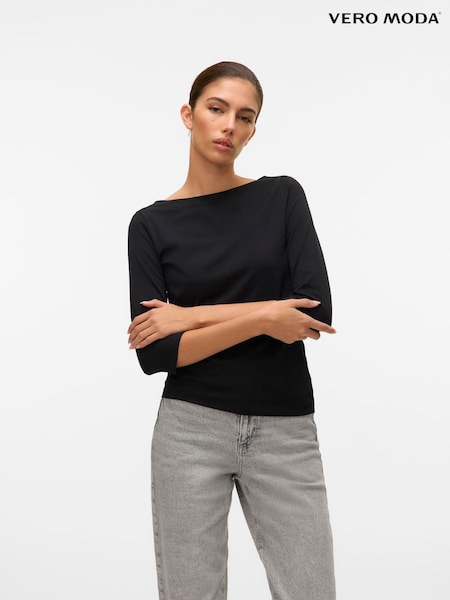 VERO MODA Black 3/4 Sleeve Boat Neck T-Shirt (W16632) | €25