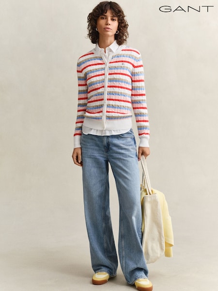 GANT Pink Multi Stripe Button Through Cable Knit Cardigan (W16717) | SGD 261
