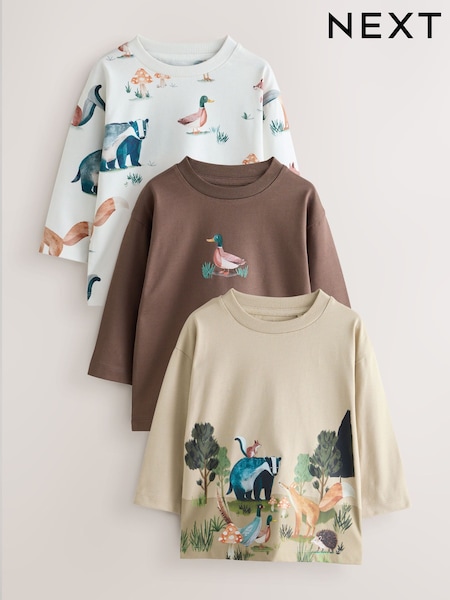 Neutral/Tan Woodland Watercolour - Long Sleeve Graphic T-shirts 3 Pack (3mths-7yrs)