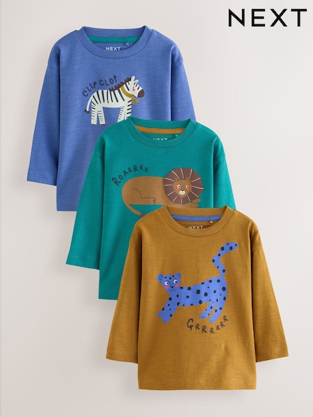 Zelena/plava Animal - Long Sleeve Graphic T-shirts 3 Pack (3mths-7yrs)