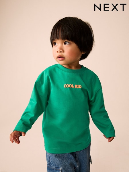 Bright Green Cool Kid Slogan - Long Sleeve Small Graphic Printed T-shirt (3mths-7yrs)