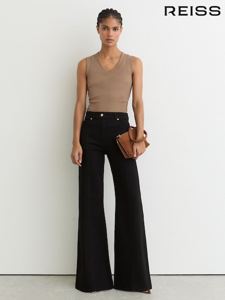 Reiss Neutral Sandy Stretch-Cotton Rib Ruched V-Neck Vest (W16921) | AED288