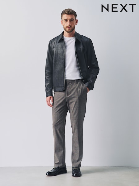 Brown Check - Slim Fit Elasticated Waist Motionflex Stretch Smart Trousers