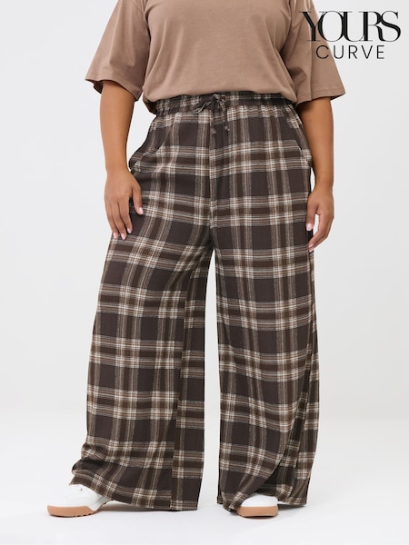 Yours Curve Brown Check Crinkle Wide Leg Trousers (W17003) | 151 QAR