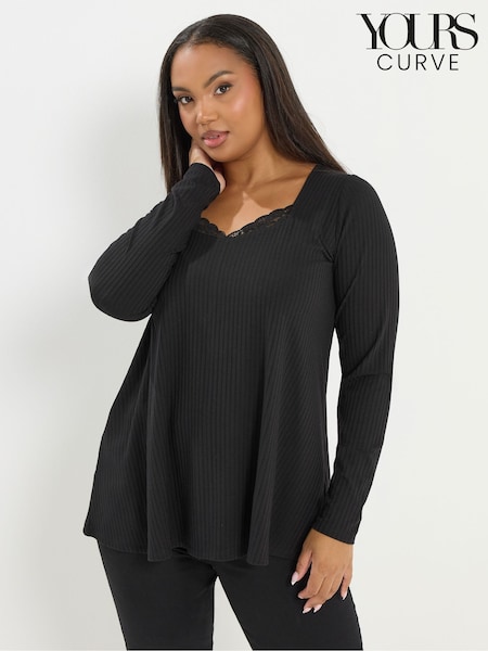 Yours Curve Black Lace Insert Ribbed A Line Top (W17018) | €28
