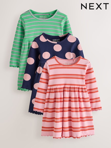 Green Stripe/Navy Spot/Red Stripe - Long Sleeve Ribbed Dresses 3 Pack (3mths-7yrs)