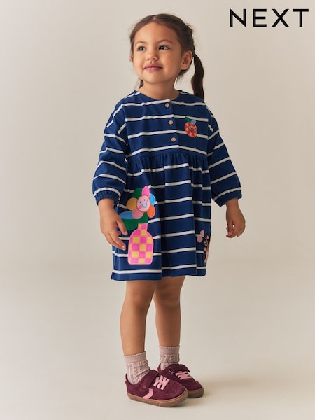 Navy Stripe Ladybird - Long Sleeve Button Dress (3mths-7yrs)