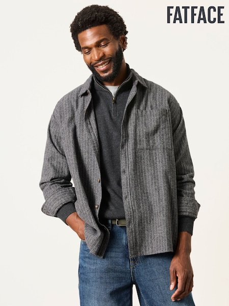 Charcoal Grey - Regular Fatface Long Sleeve Relaxed Fit Herringbone Stripe Brushed Shirt