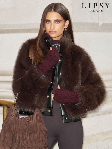 Chocolate Brown - Lipsy Short Fur Faux Leather Funnel Neck Jacket