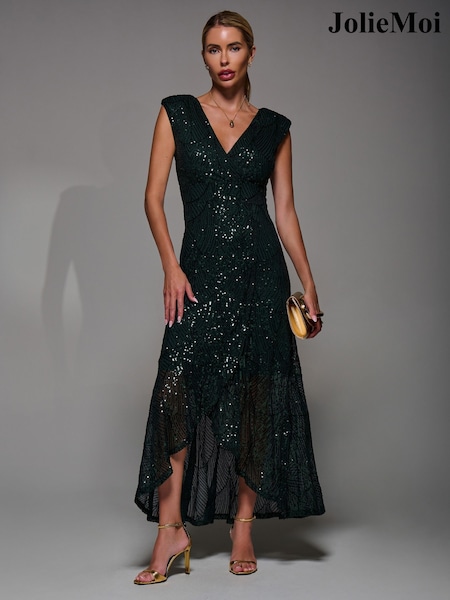 Jolie Moi Dark Green Sequin Asymmetric Ruffle Hem Maxi Dress (W17602) | €113