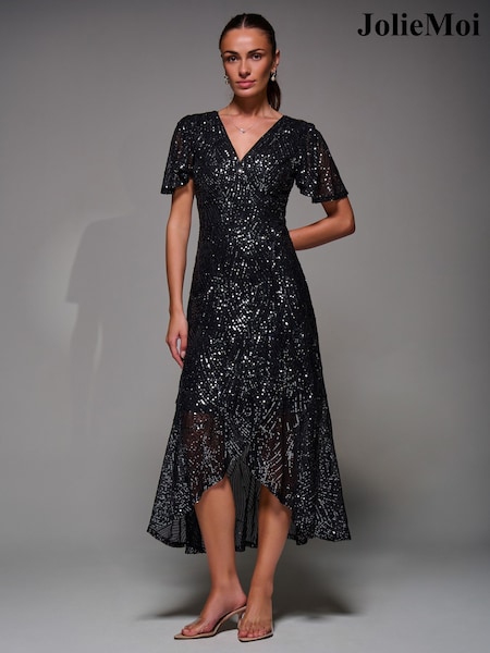 Jolie Moi Charcoal Black Sequin Angel Sleeve Ruffle Hem Maxi Dress (W17610) | AED553