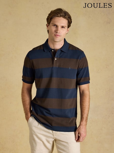 Tamsiai mėlynas ir rudas dryžuotas - Short Sleeve Joules Woody Cotton Pique Polo Shirt