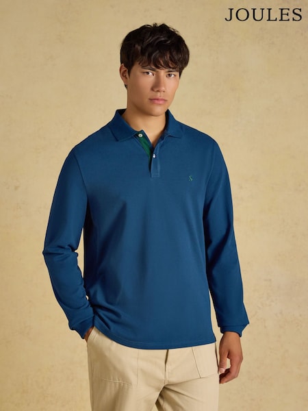 Blue - Regular Joules Long Sleeve Cotton Pique Polo Shirt