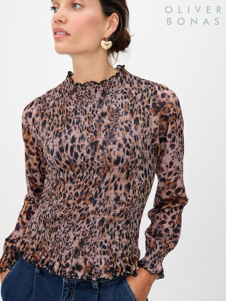 Oliver Bonas Brown Animal Print Shirred Mesh Top (W17807) | 208 QAR