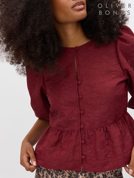 Oliver Bonas Red Floral Jacquard Peplum Puff Sleeve Top (W17839) | 312 QAR