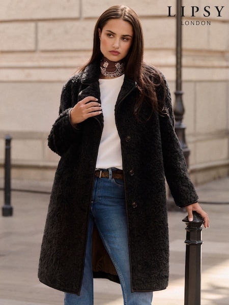 Negro - Lipsy Longline Teddy Faux Leather Trim Coat