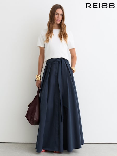 Reiss Navy Simone Cotton-Blend Pleated Maxi Skirt (W18153) | AED1,656