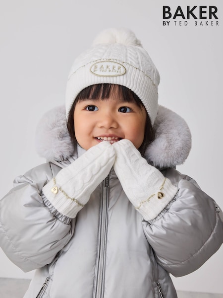 أبيض عاجي - Baker By Ted Baker Cable Knit Heart Hat And Mittens Set
