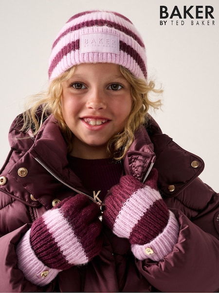 وردي عنابي - Baker By Ted Baker Striped Beanie Hat And Gloves Set