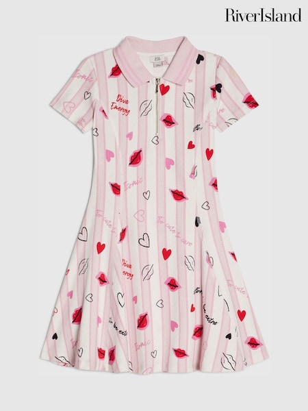 River Island Pink Stripe Lip & Hearts Print Polo Dress (W18427) | AED128