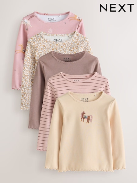 Brown/Cream Horse - Long Sleeve Ribbed Tops 5 Pack (3mths-7yrs)
