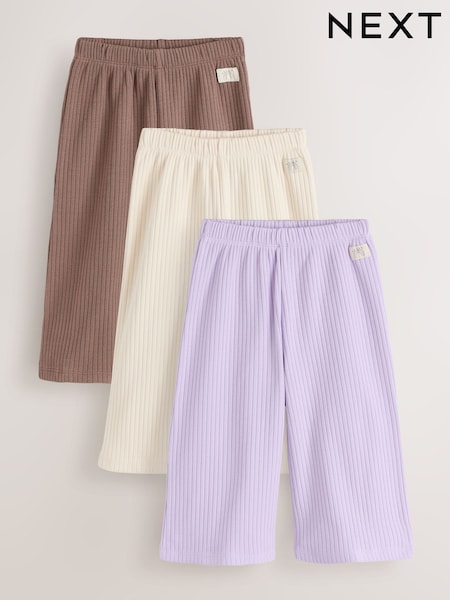 Neutral/Lilac - Ribbed Wide Leg Trousers 3 Pack (3mths-7yrs)