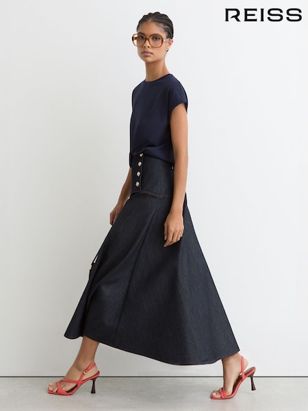Reiss Dark Blue Skylar Button-Detail Denim Midi Skirt (W18500) | €195