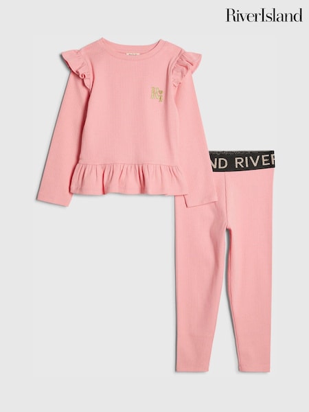 River Island Pink Frill Rib Top & Waistband Leggings Set (W18540) | $37