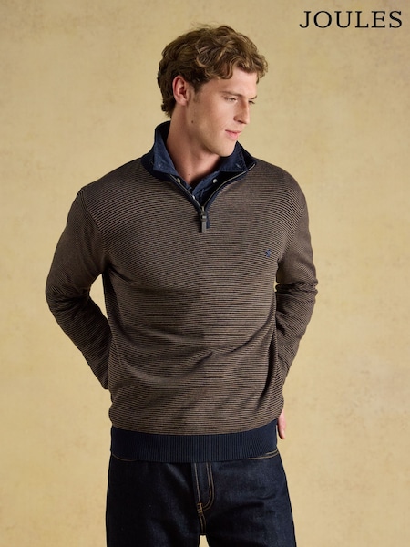 Navy & Brown Striped - Regular Joules Hillside Quarter Zip Knitted Jumper