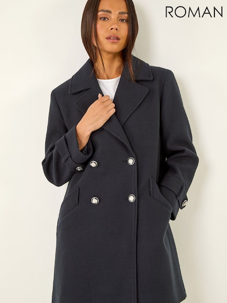 Roman Blue Petite Double Breasted Collared Peacoat (W18895) | €113