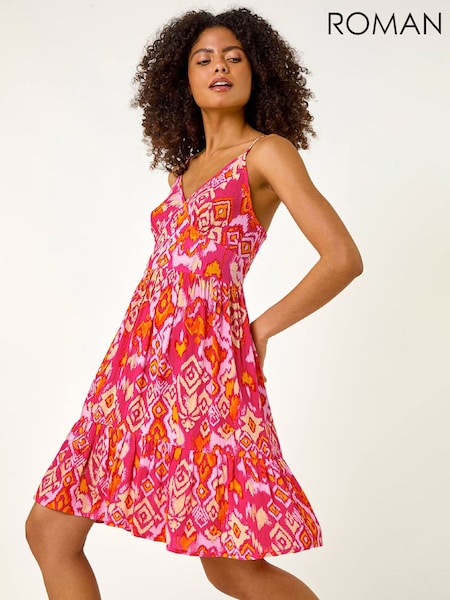 Roman Pink Print V-Neck Button Dress (W18972) | AED306