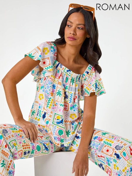 Roman White Patchwork Palm Ruffle Shirt (W18994) | 247 QAR