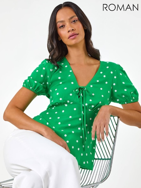 Roman Green Spot Print Tie Front Shirt (W19001) | SGD 77