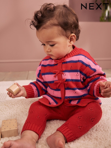 Red Stripe - Knitted Bow Cardigan And Leggings Baby 2 Piece Set (0mths-2yrs)