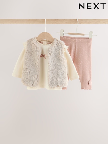 粉色/乳白色 - Fur Baby Gilet Top And Leggings 3 Piece Set (0mths-2yrs)