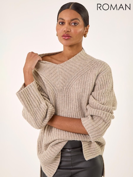 Roman Natural Chunky V-Neck Knit Jumper (W19675) | €74