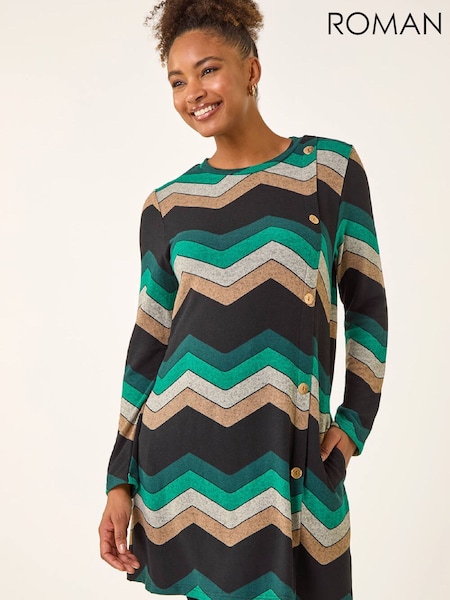 Roman Green Zig Zag Side Button Dress (W19682) | R$ 580
