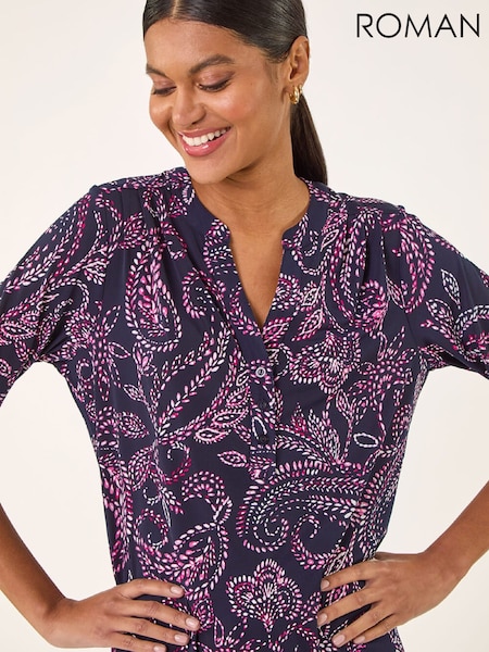 Roman Blue Leaf Puff Print Stretch Shirt (W19696) | €53