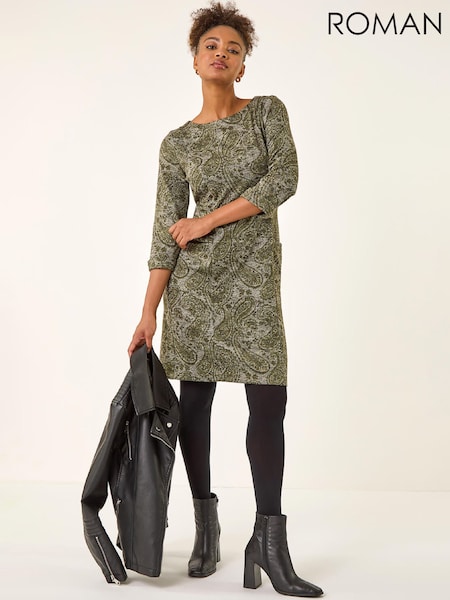 Verde - Roman Paisley Print Pocket Shift Stretch Dress (W19703) | R$ 630