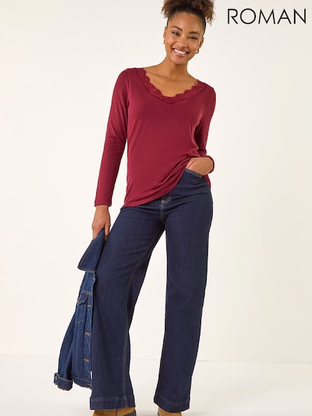 Roman Red Lace V-Neck Stretch Tunic Top (W19712) | 217 QAR