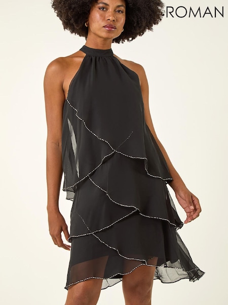 Roman Black Sequin Trim Tiered Halter Neck Dress (W19731) | €74