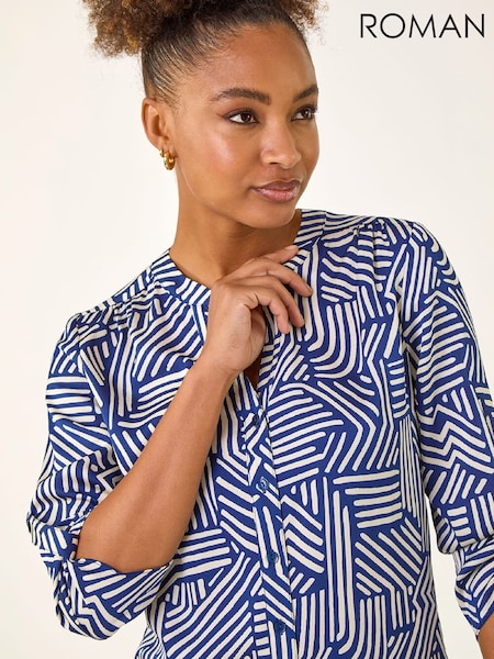 Roman Blue Geo Mono Print Buttoned Blouse (W19737) | €58