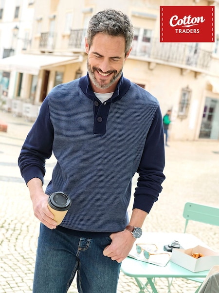 Cotton Traders Blue Half Button Textured Birdseye Jumper (W20275) | €45